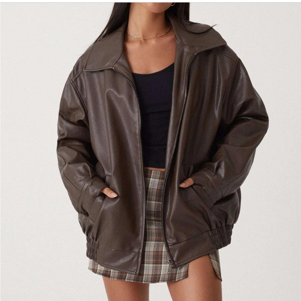 OSTRÉA TERRE Women’s Oversized Stylish Brown Faux Leather Jacket New-Size Small